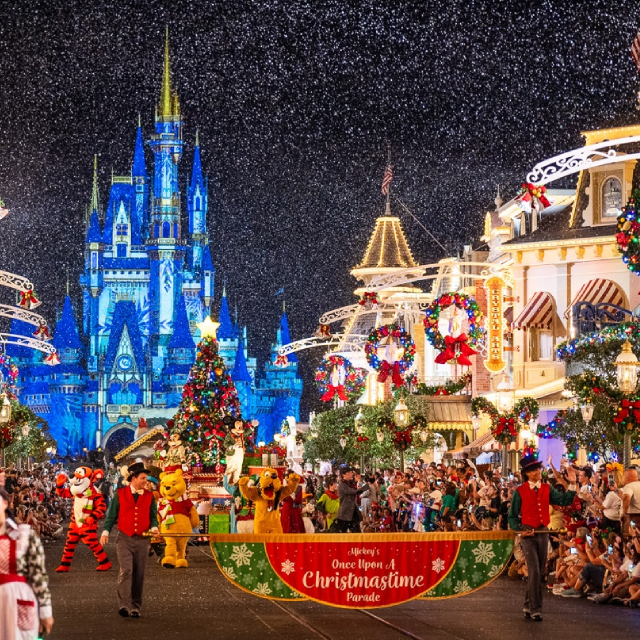 Mickey’s Very Merry Christmas Party at Magic Kingdom with lights and fireworks